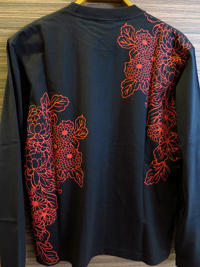 花旅楽団 長袖Tシャツ 枝垂菊葉柄刺繍・抜き染プリント